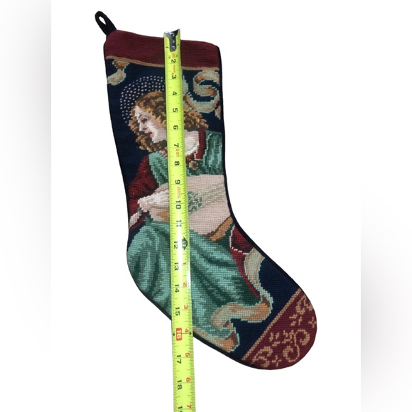 Needlepoint Christmas Stocking Angel Mandolin Handmade Wool Velvet Back 22” - Picture 4 of 6